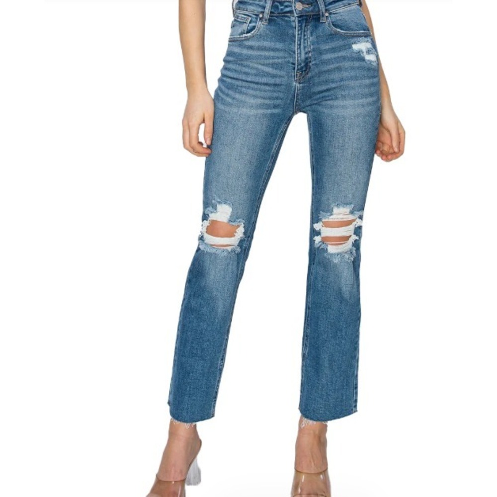 Risen High Rise Knee Distressed Ankle Jeans Medium Wash Stretchy Size 2XL